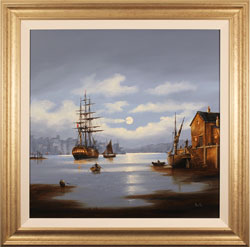 Alex Hill, Original oil painting on canvas, Moonlight at Whitby Harbour