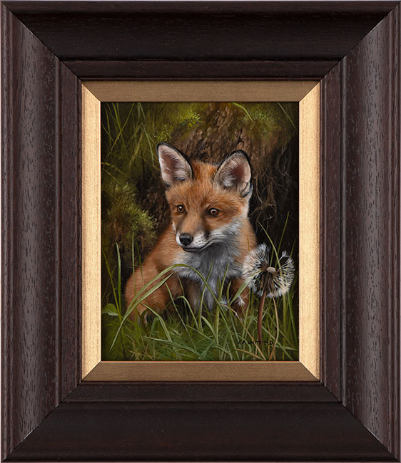 Carl Whitfield, Original oil painting on panel, Fox Cub with Dandelion 