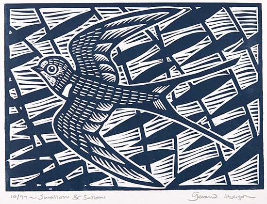 Gerard Hobson, Original linocut print, Swallow and Sallow