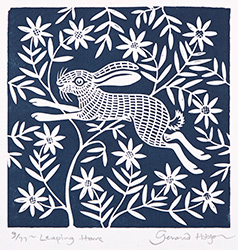 Gerard Hobson, Original linocut print, Leaping Hare (blue)