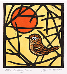 Gerard Hobson, Original linocut print, Setting Sun (bird facing left)