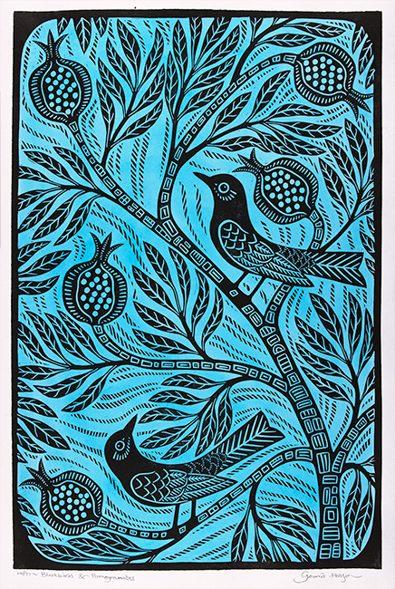 Gerard Hobson, Original linocut print, Blackbirds and Pomegranates