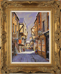 Gordon Lees, Original oil painting on panel, Snowfall on the Shambles Medium image. Click to enlarge