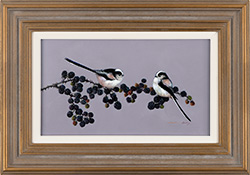 Natalie Stutely, Original oil painting on panel, Longtail Tits on Blackberries